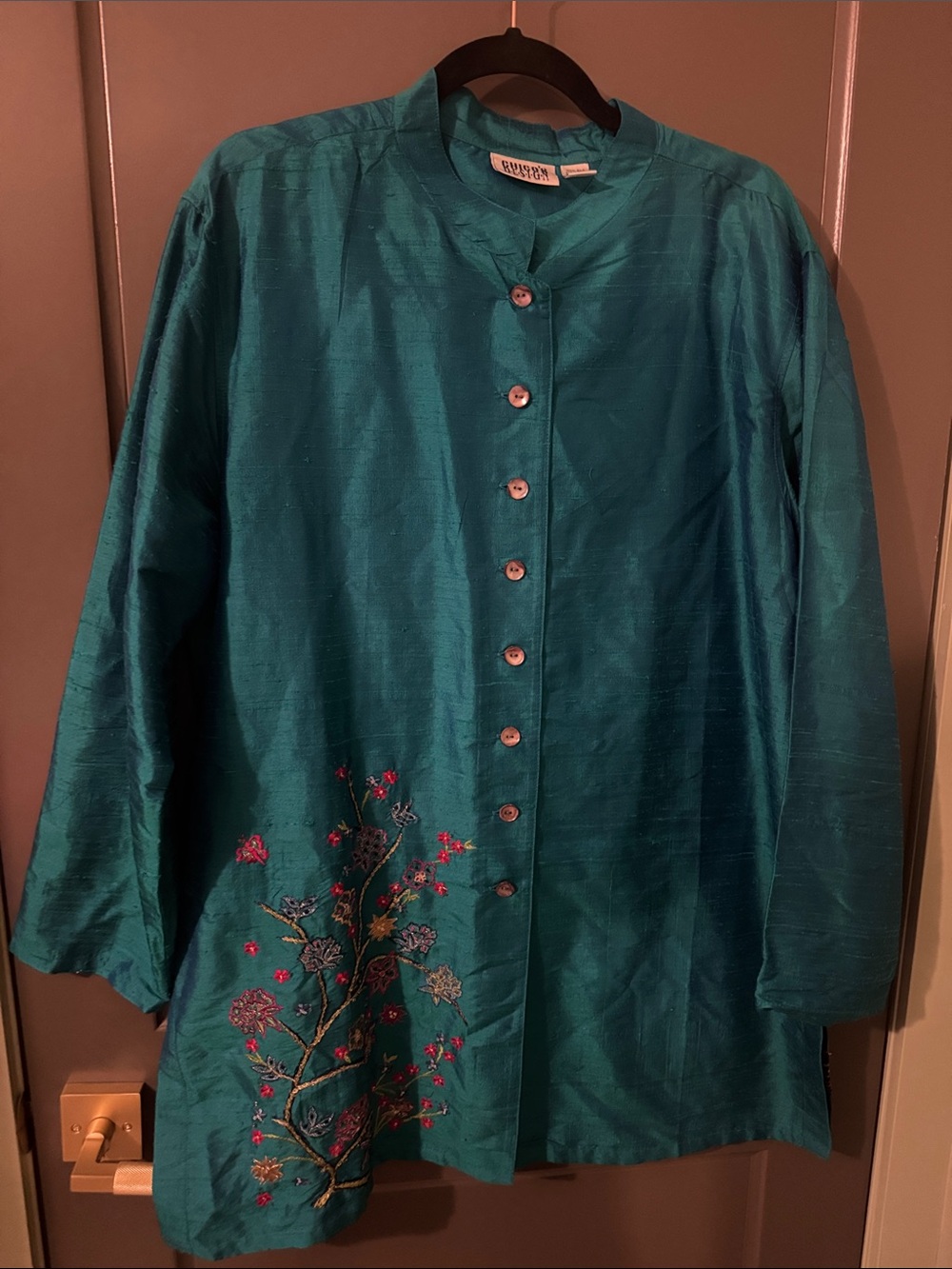Silk Embroidered Teal Tunic rayon Top - Women's Long Sleeve Button Front XL